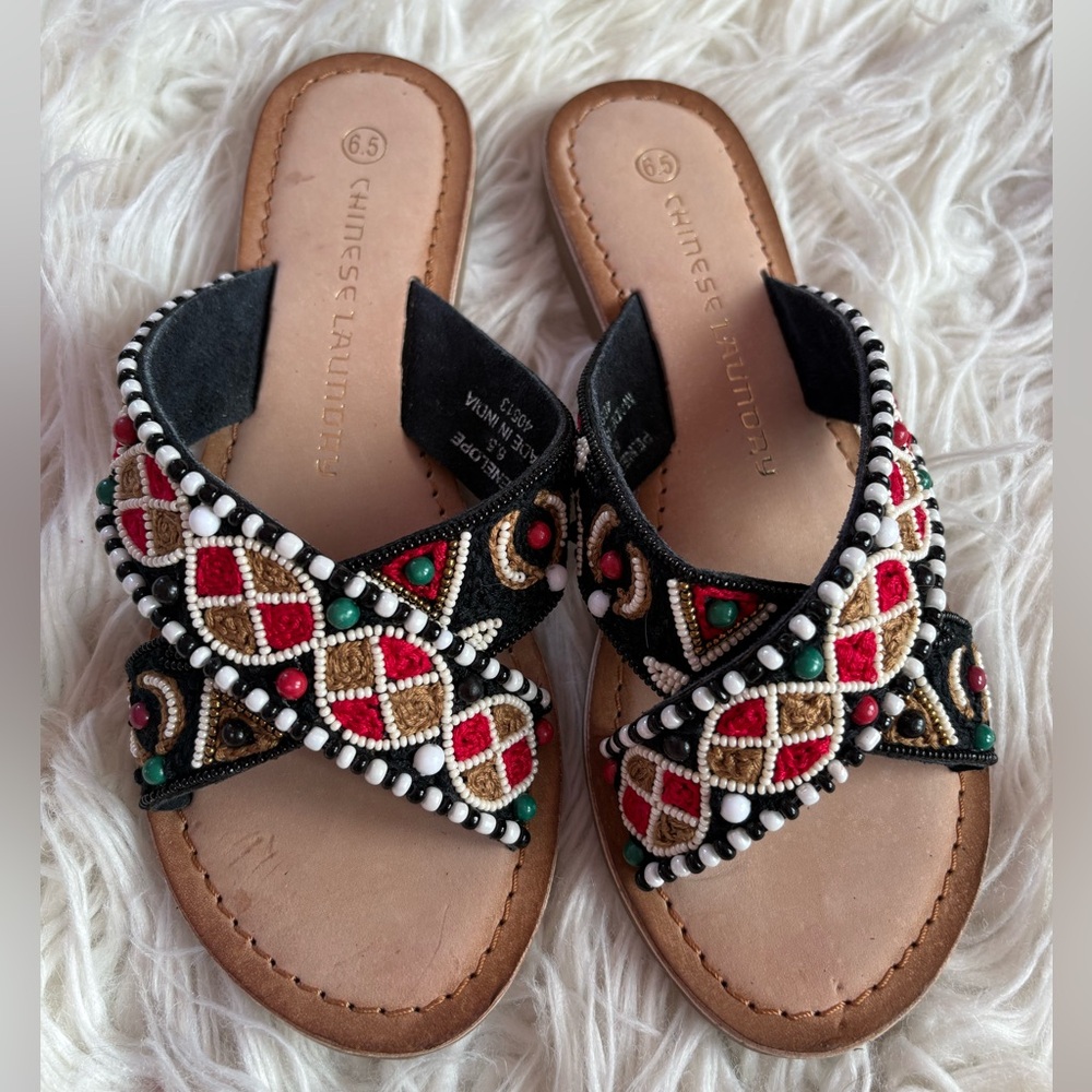 Chinese Laundry Penelope Beaded Boho Slides Size 6.5